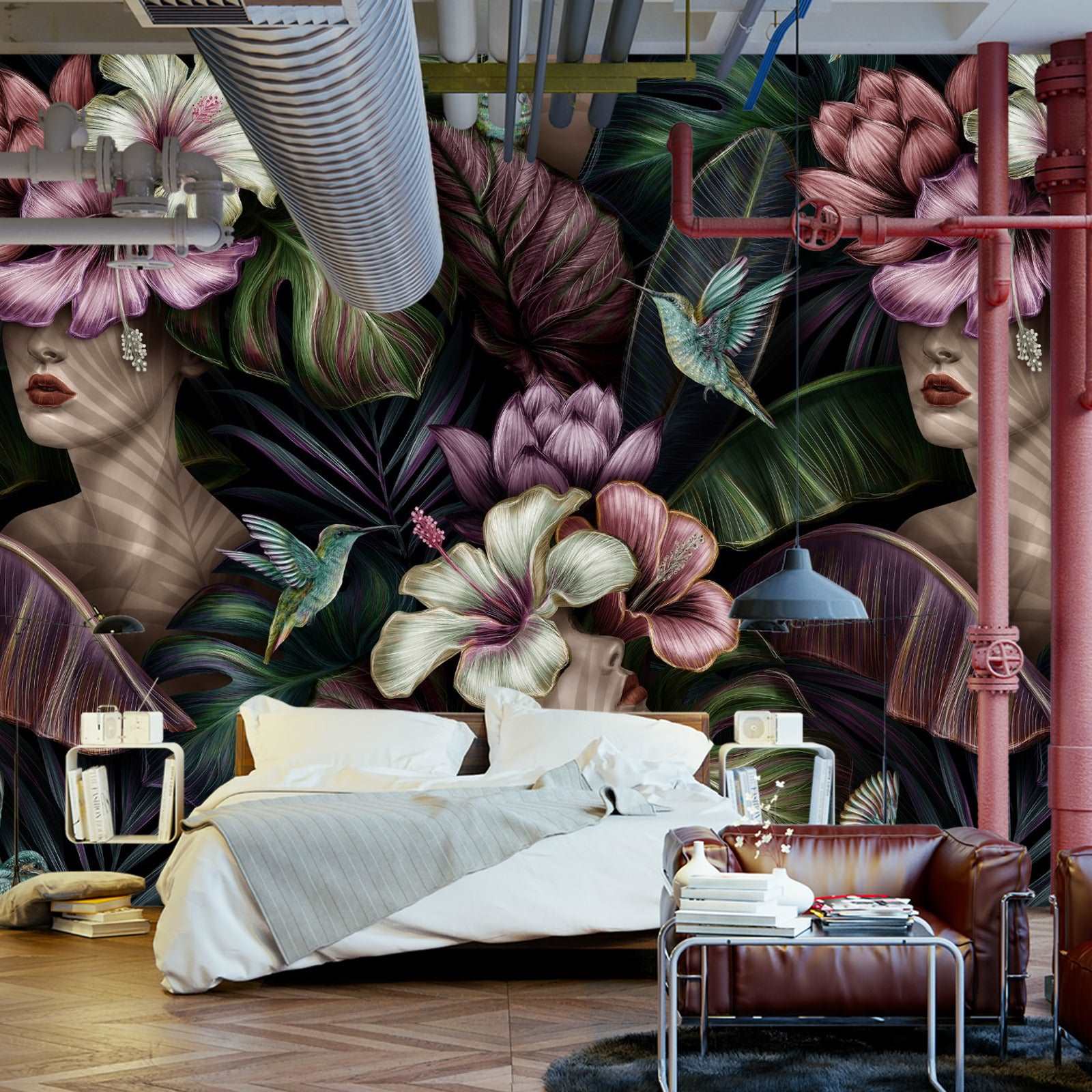 Fototapet Abstrakte Kvinnelige Ansikter Mellom Blomster