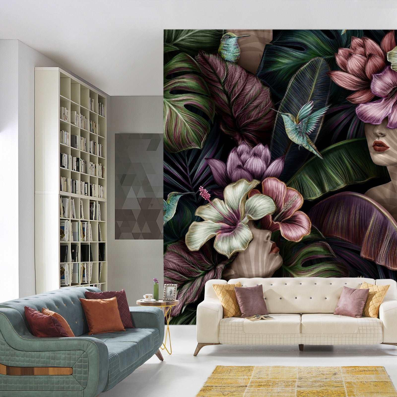 Fototapet Abstrakte Kvinnelige Ansikter Mellom Blomster