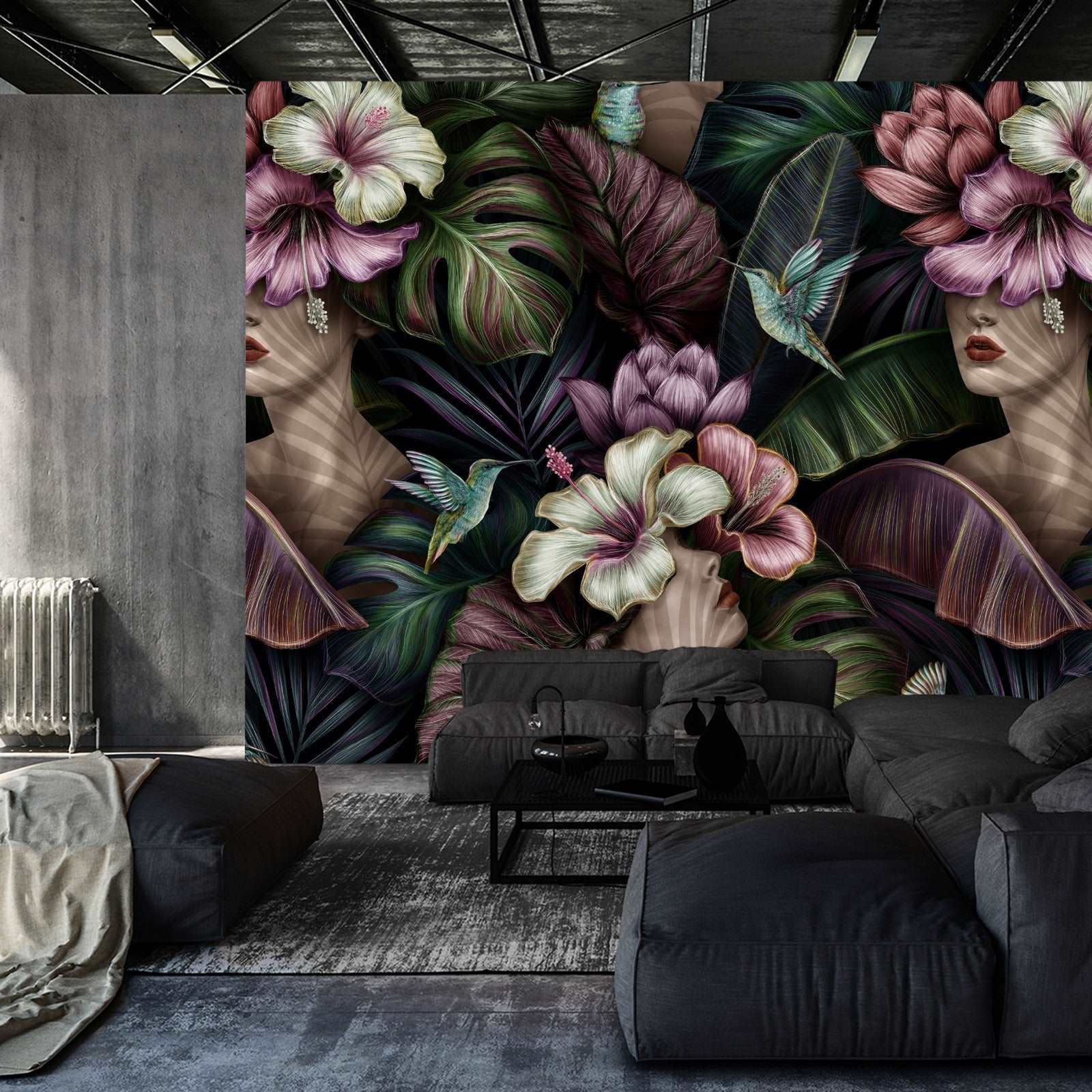 Fototapet Abstrakte Kvinnelige Ansikter Mellom Blomster