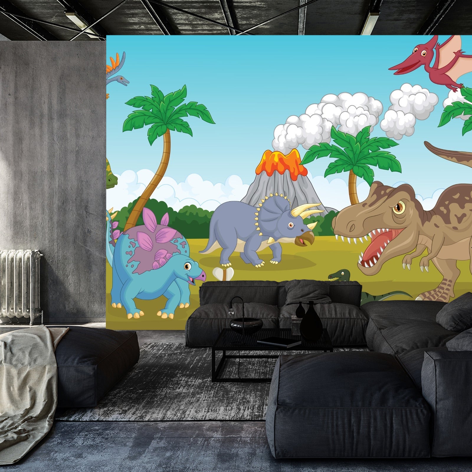 Fototapet Fargerike Dinosaurer Og Vulkan