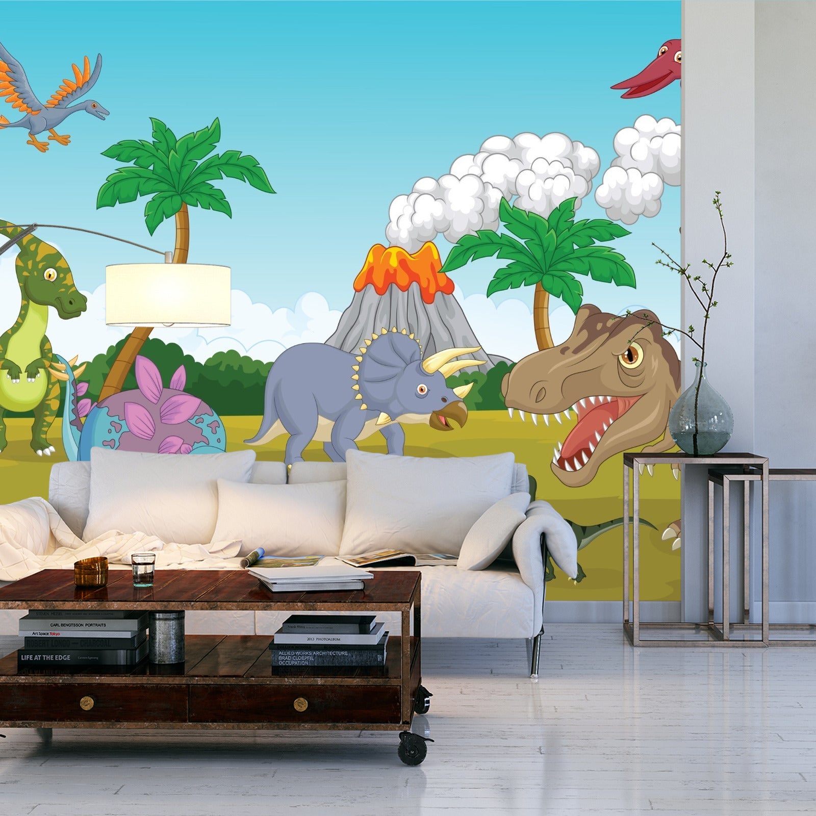 Fototapet Fargerike Dinosaurer Og Vulkan