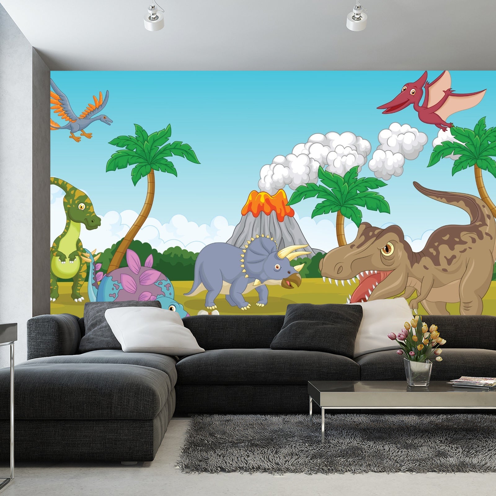 Fototapet Fargerike Dinosaurer Og Vulkan