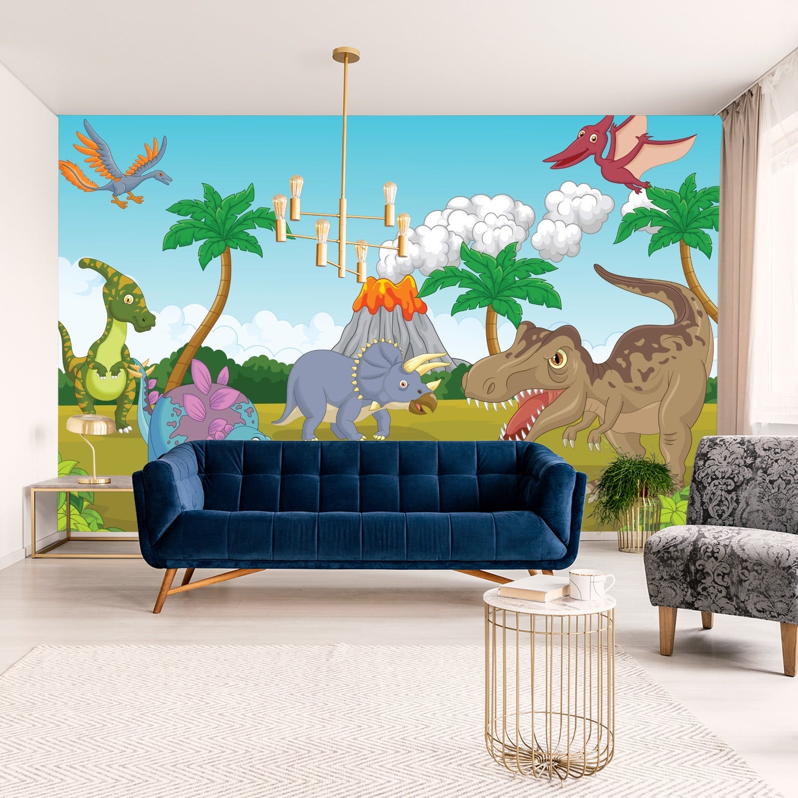 Fototapet Fargerike Dinosaurer Og Vulkan