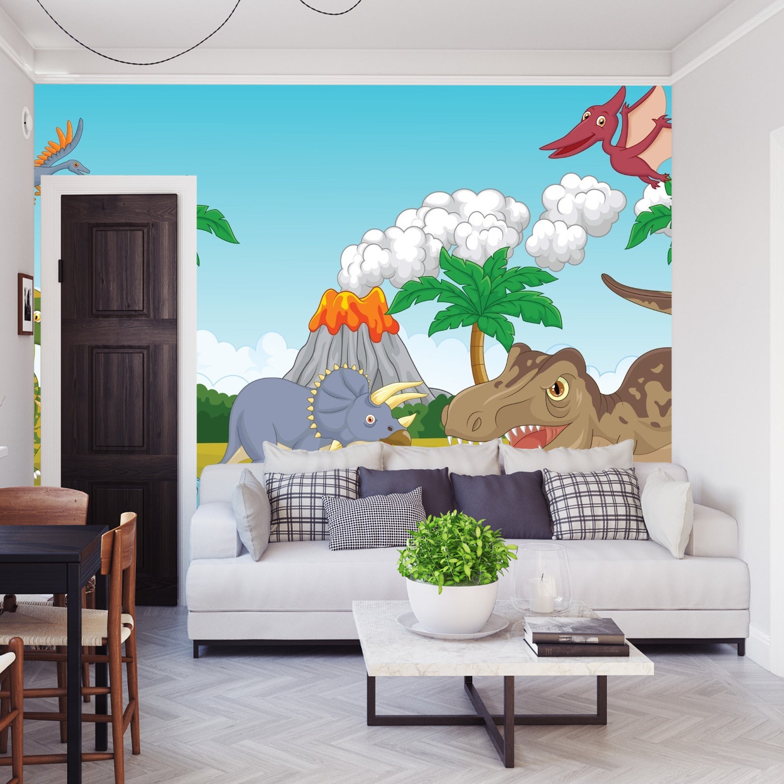 Fototapet Fargerike Dinosaurer Og Vulkan