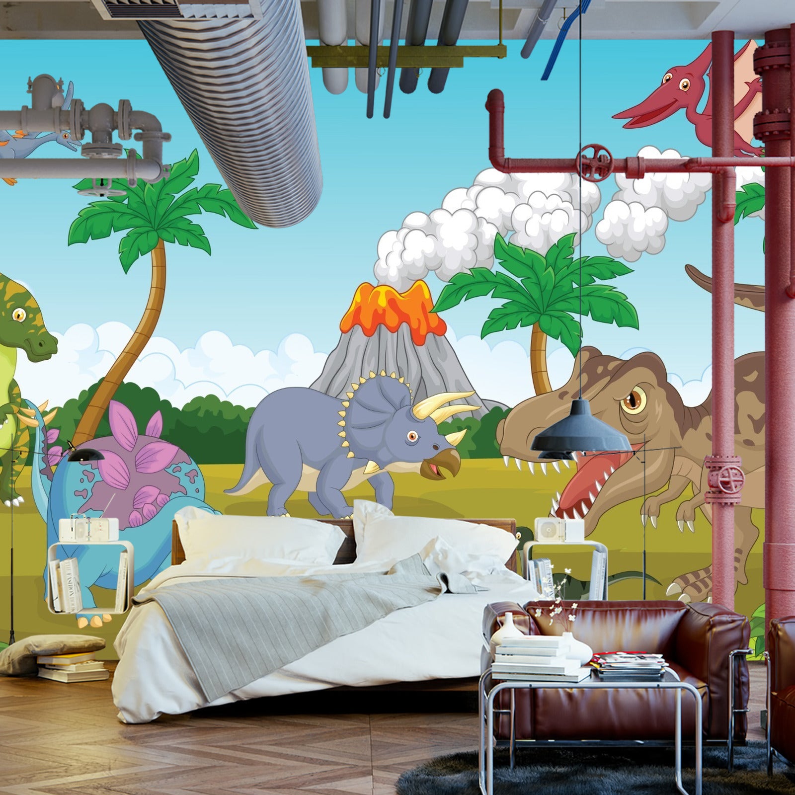 Fototapet Fargerike Dinosaurer Og Vulkan