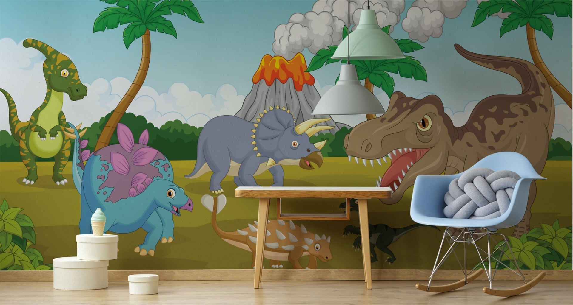 Fototapet Fargerike Dinosaurer Og Vulkan