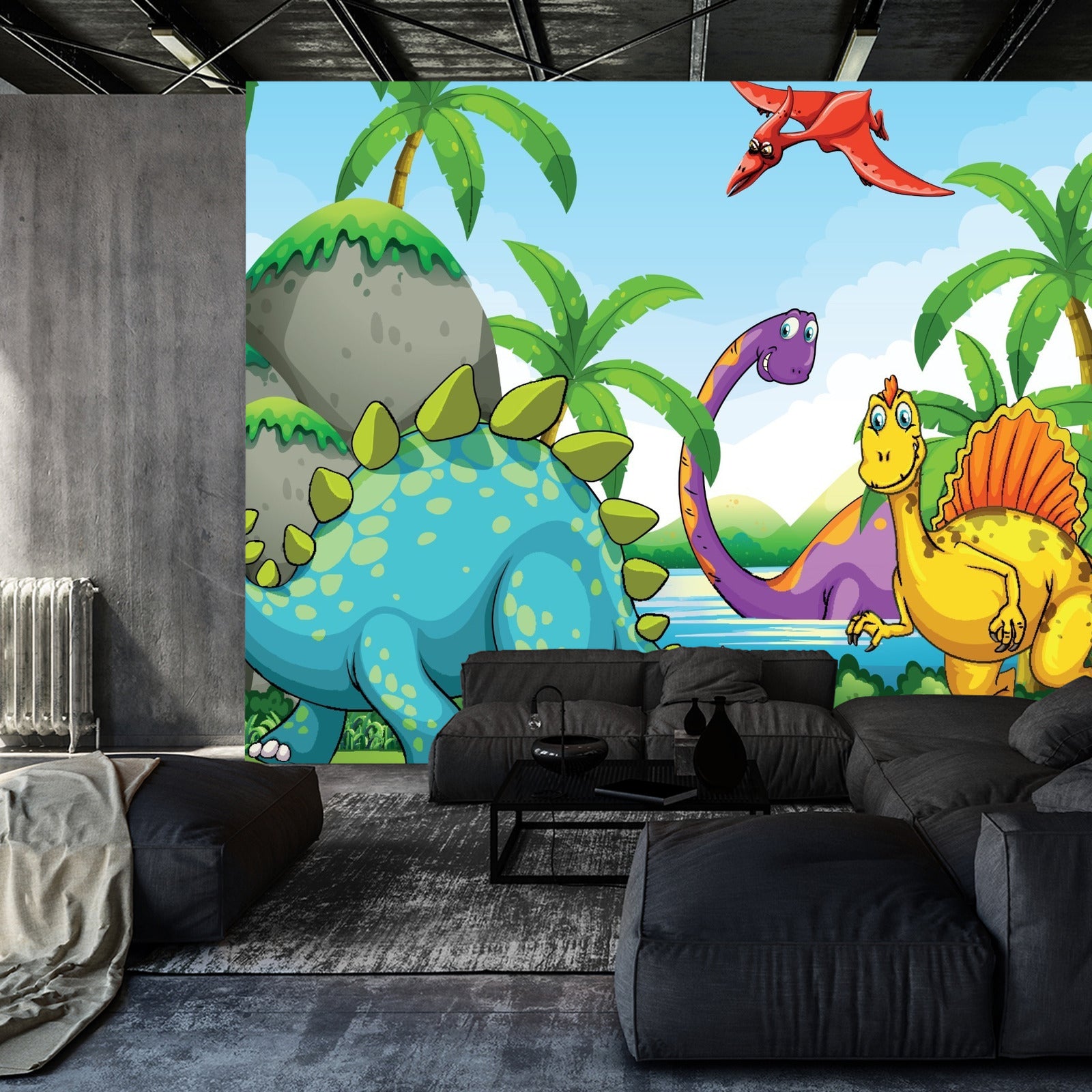 Fototapet Grønne Dinosaurer Og Palmetrær