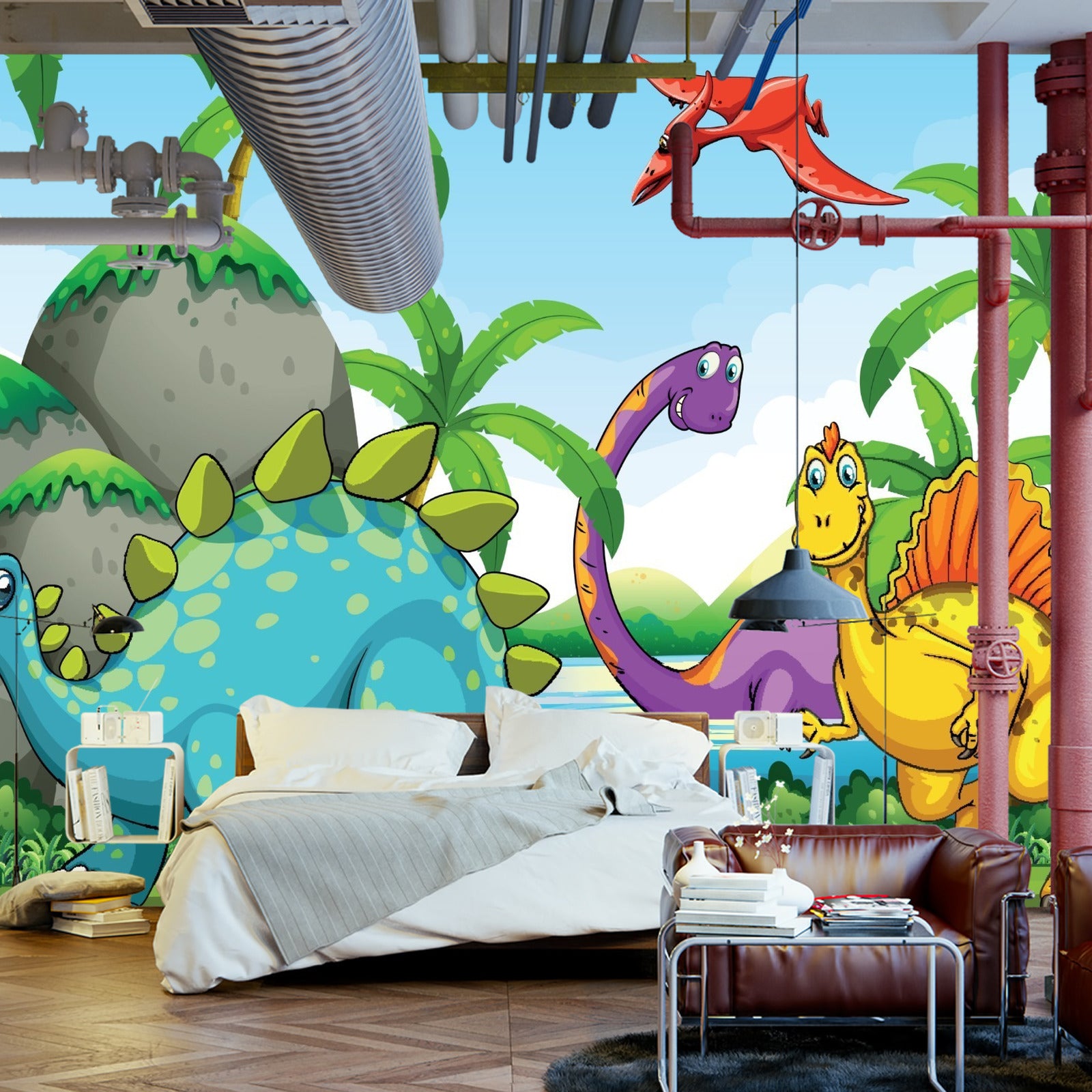 Fototapet Grønne Dinosaurer Og Palmetrær