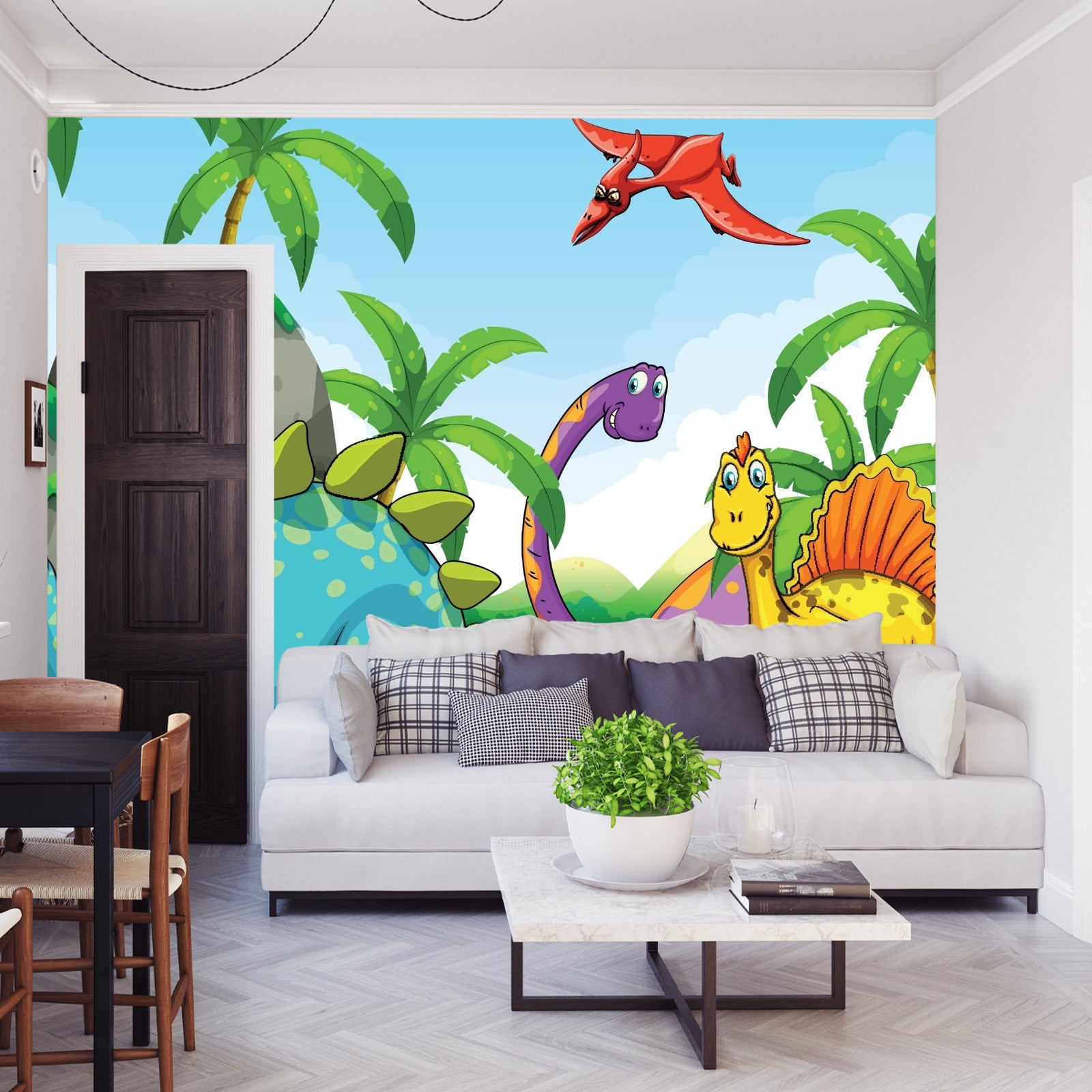 Fototapet Grønne Dinosaurer Og Palmetrær