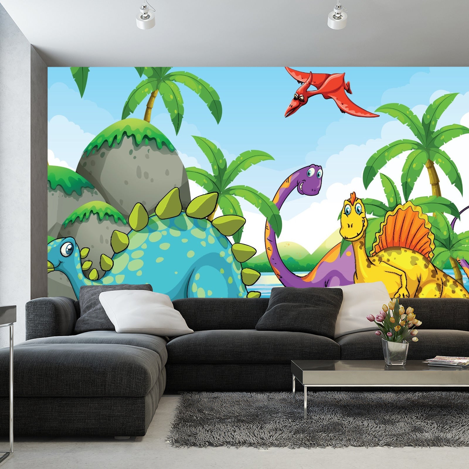 Fototapet Grønne Dinosaurer Og Palmetrær