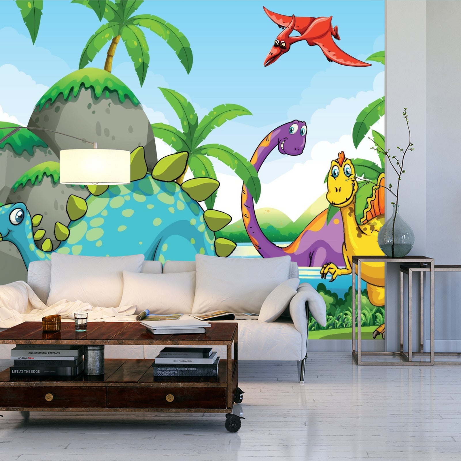 Fototapet Grønne Dinosaurer Og Palmetrær