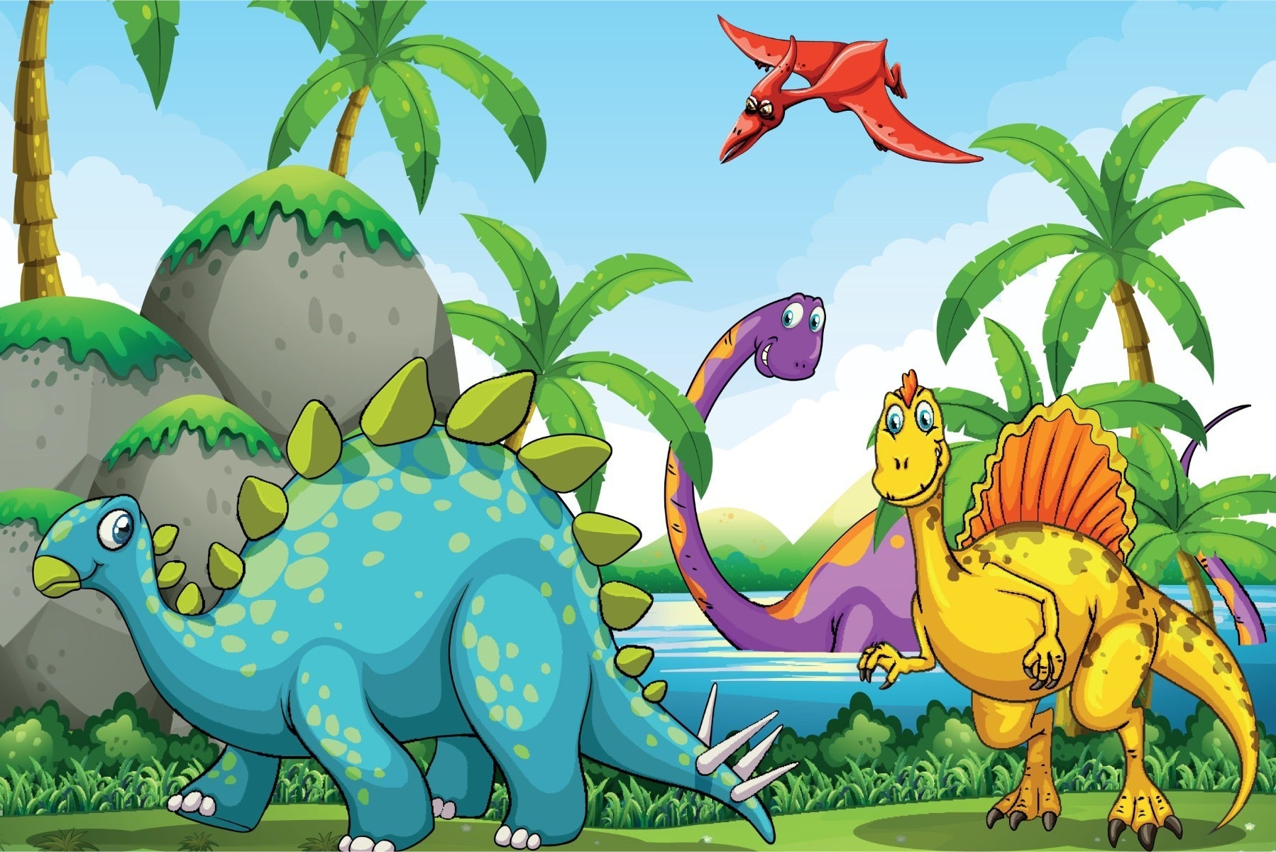 Fototapet Grønne Dinosaurer Og Palmetrær