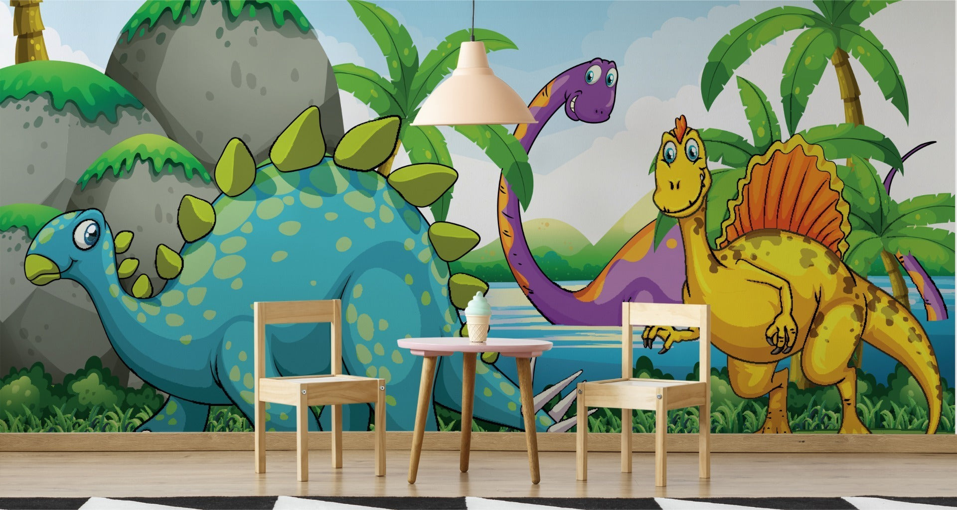 Fototapet Grønne Dinosaurer Og Palmetrær