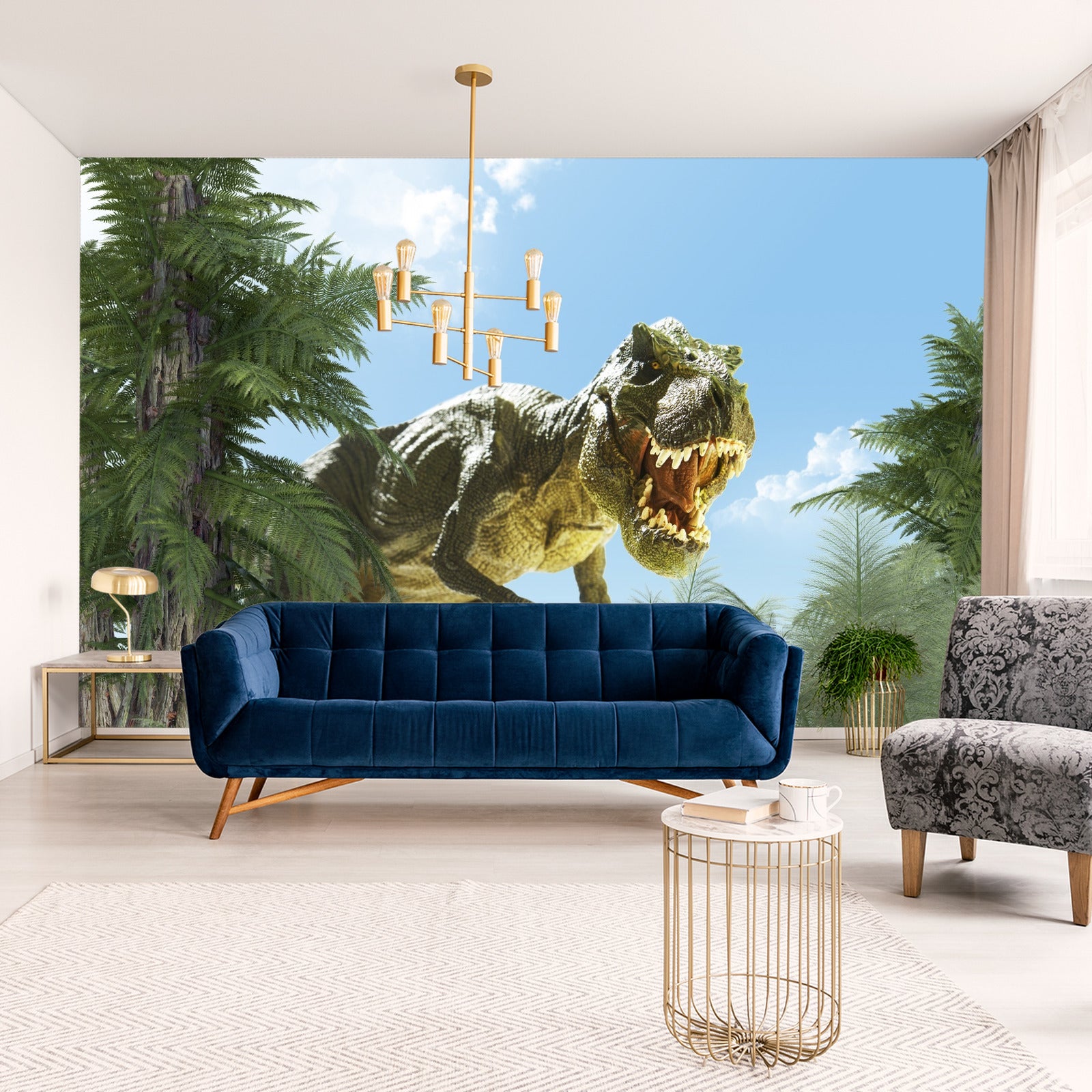 Fototapet Stor T-Rex Dinosaur And The Palm