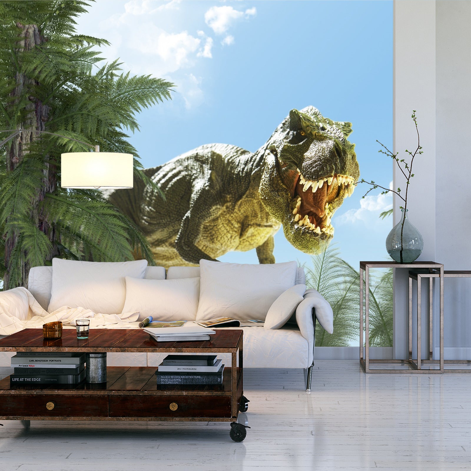 Fototapet Stor T-Rex Dinosaur And The Palm