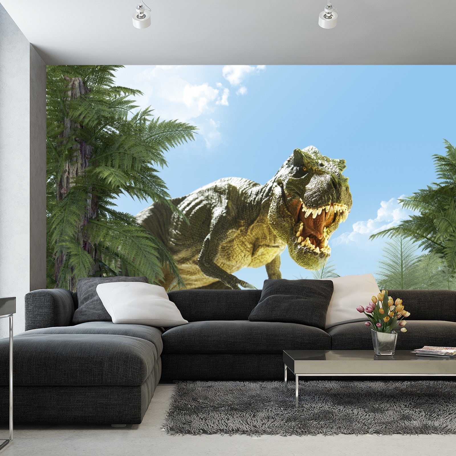 Fototapet Stor T-Rex Dinosaur And The Palm