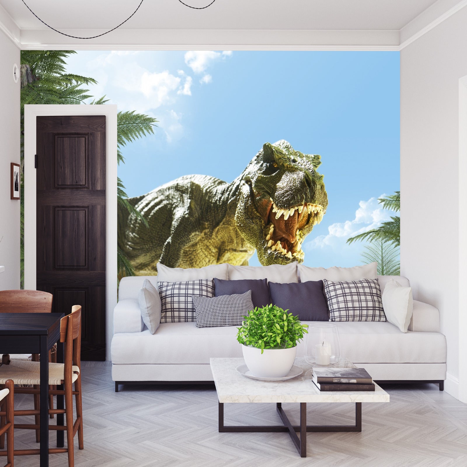 Fototapet Stor T-Rex Dinosaur And The Palm