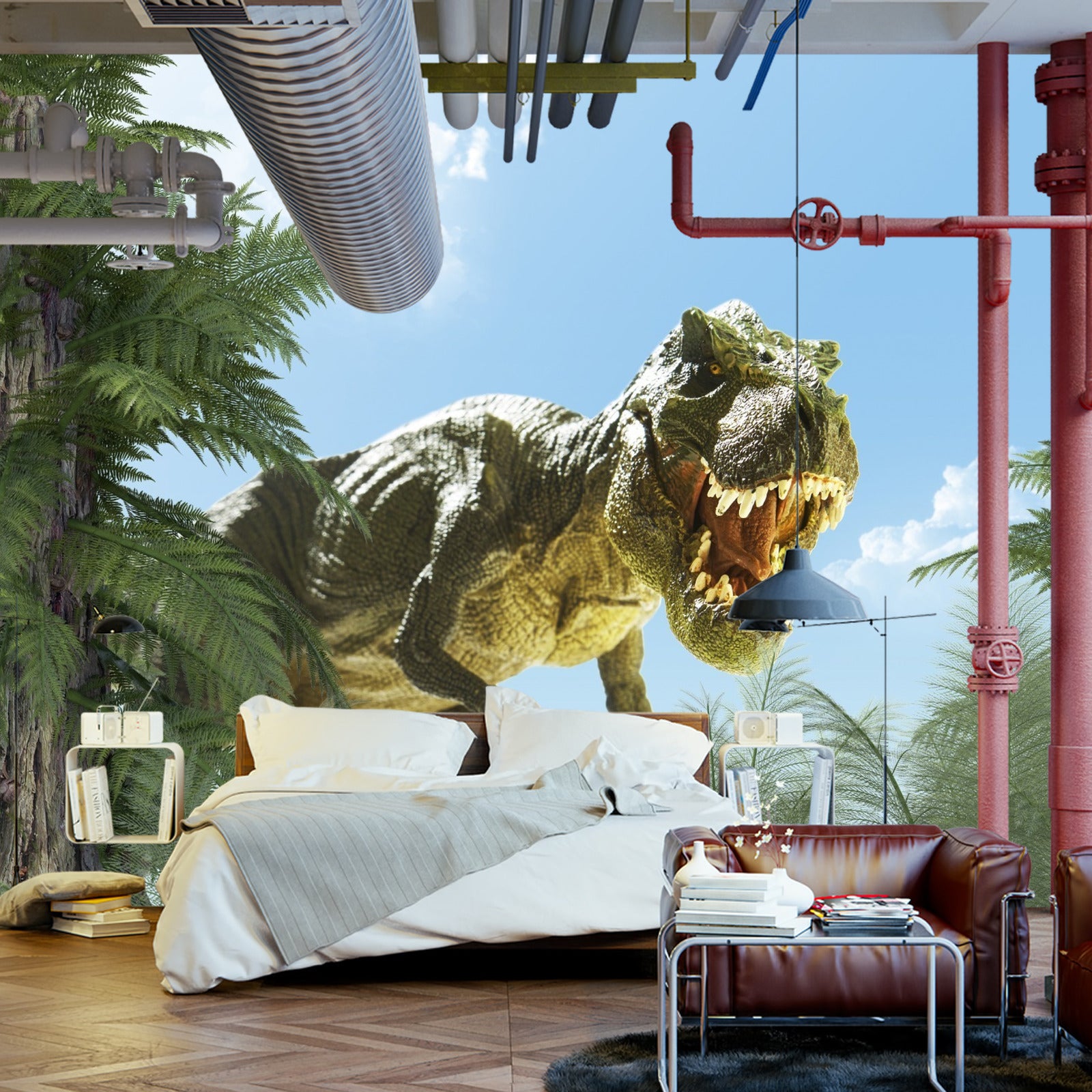 Fototapet Stor T-Rex Dinosaur And The Palm