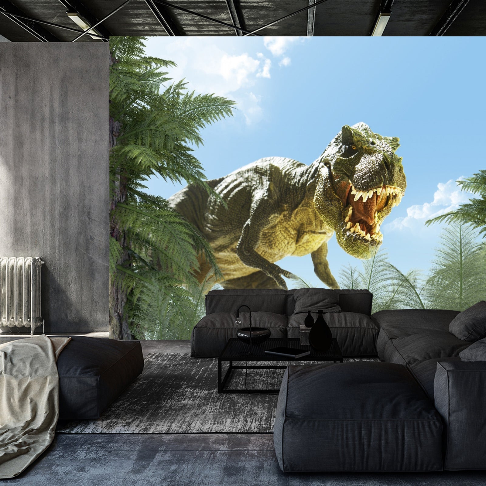 Fototapet Stor T-Rex Dinosaur And The Palm