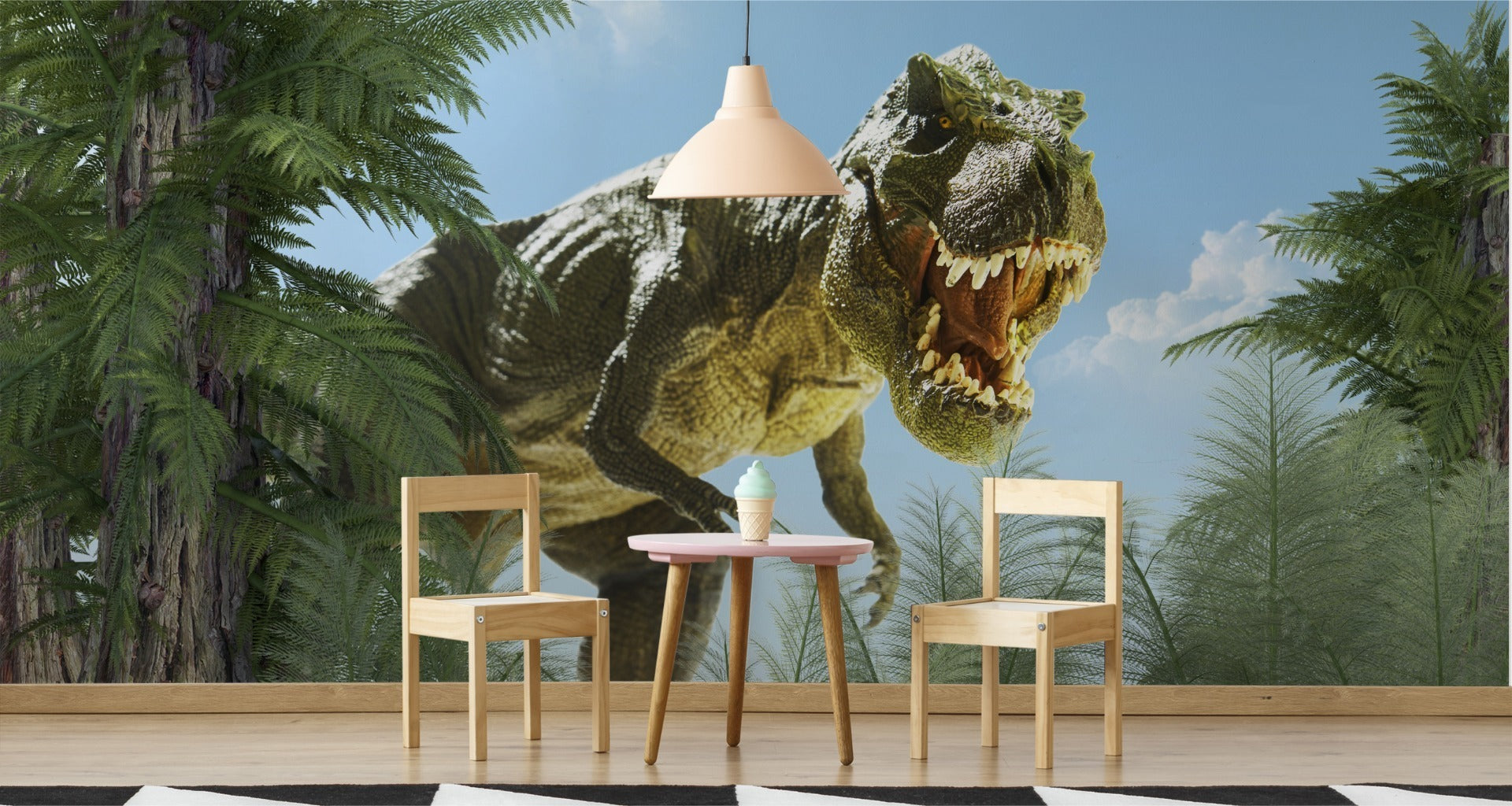 Fototapet Stor T-Rex Dinosaur And The Palm