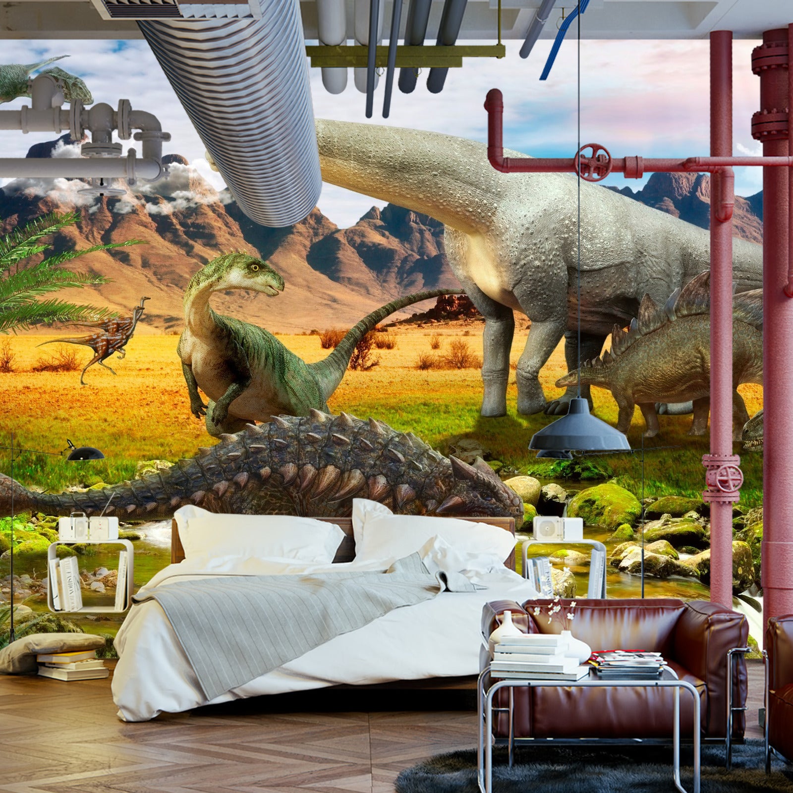 Fototapet Realistiske Dinosaurer Ved Elven