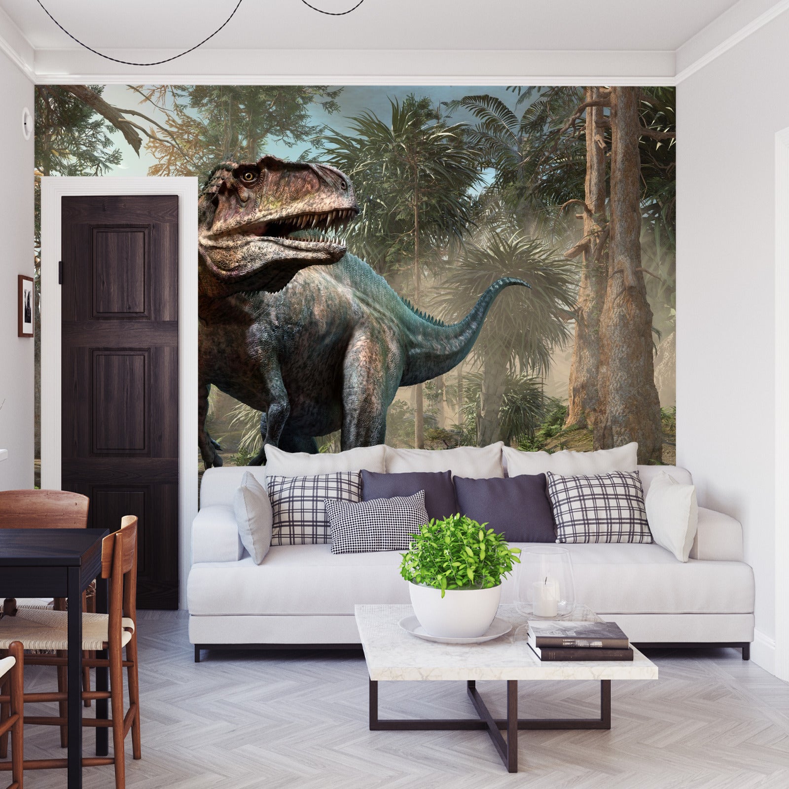 Fototapet Realistisk Dinosaur Og Palmetrær