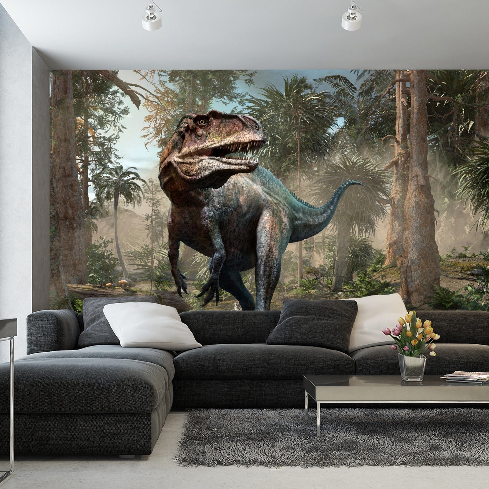 Fototapet Realistisk Dinosaur Og Palmetrær