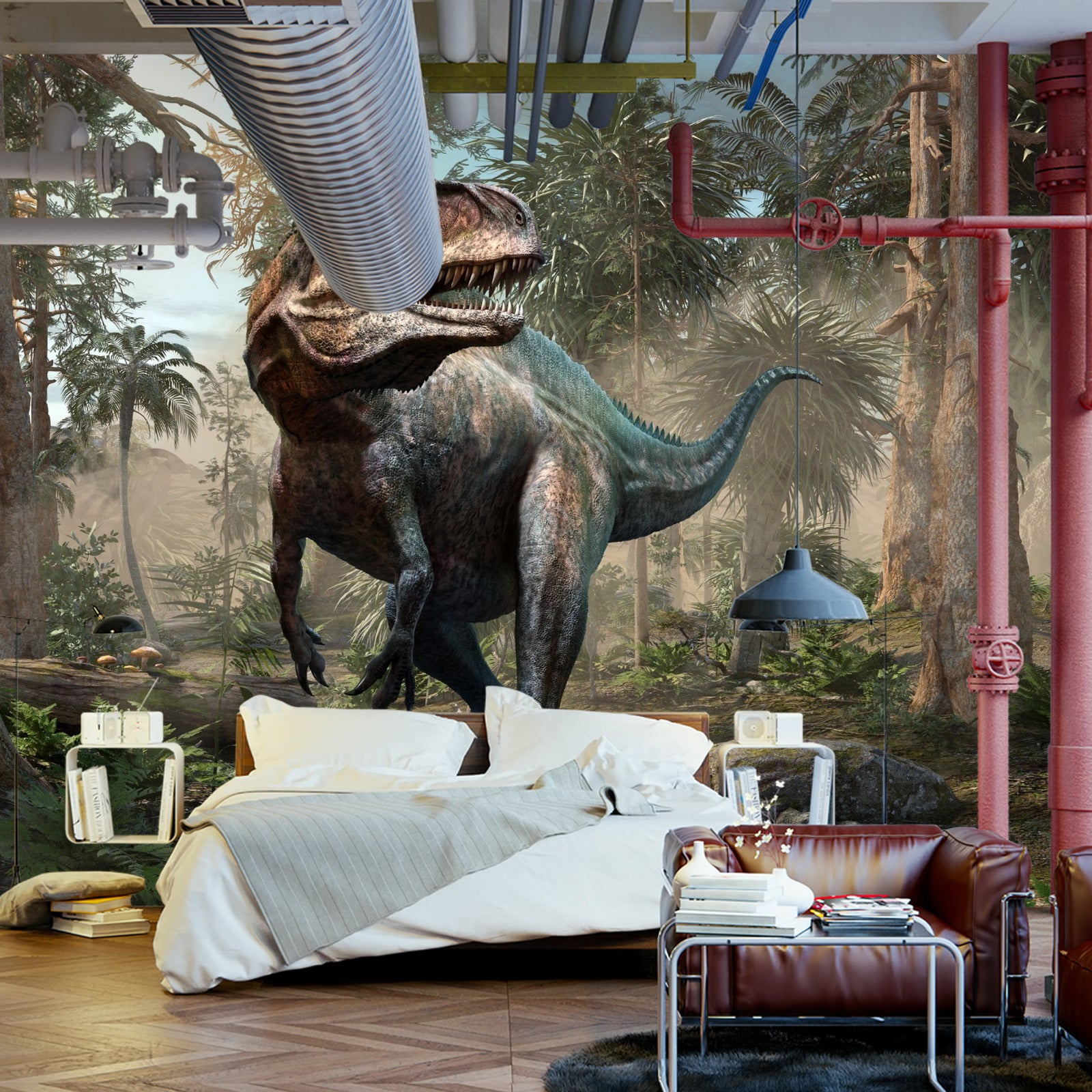 Fototapet Realistisk Dinosaur Og Palmetrær