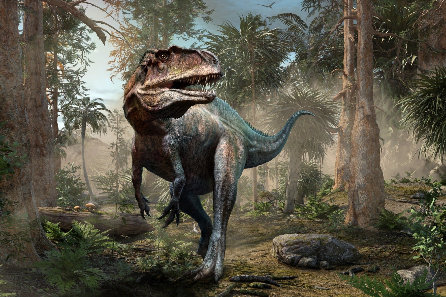 Fototapet Realistisk Dinosaur Og Palmetrær