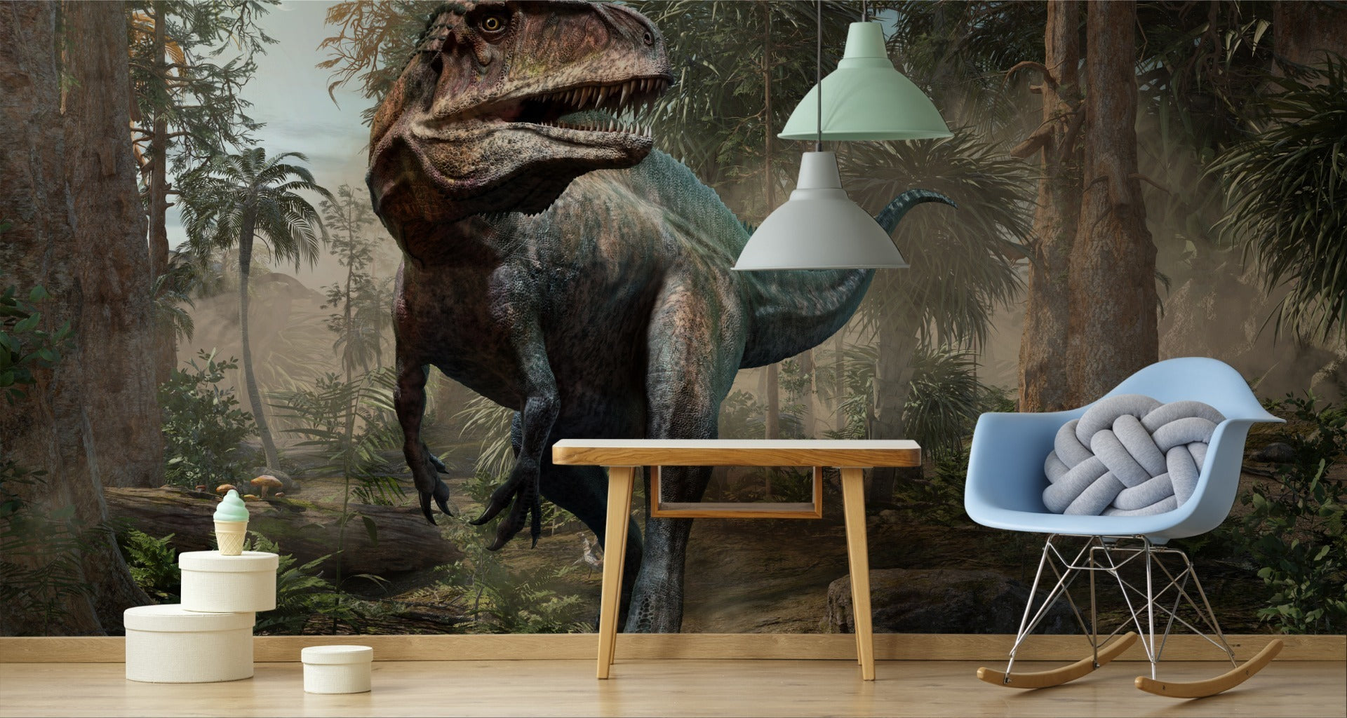 Fototapet Realistisk Dinosaur Og Palmetrær