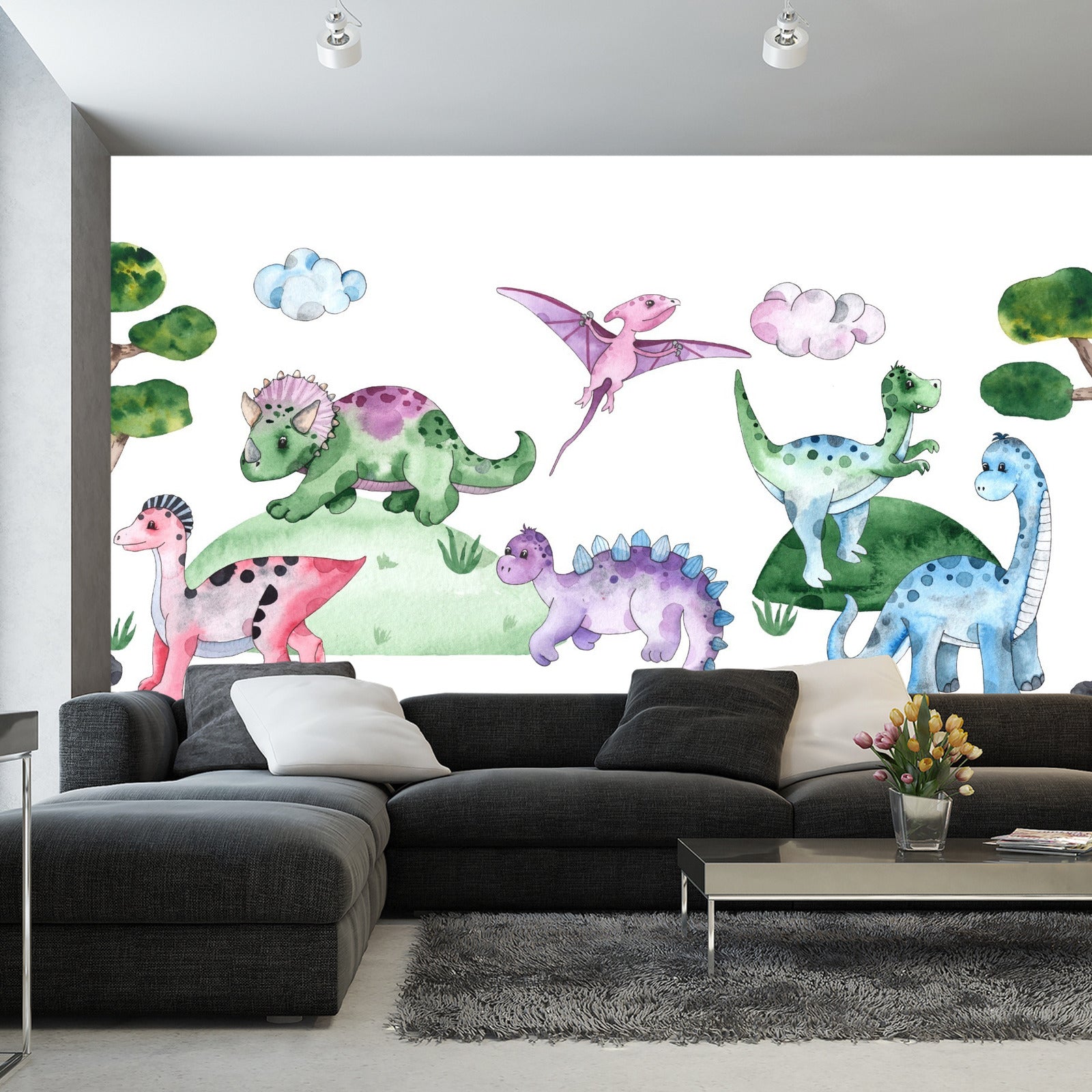 Fototapet Pastell Dinosaurer I En Glade