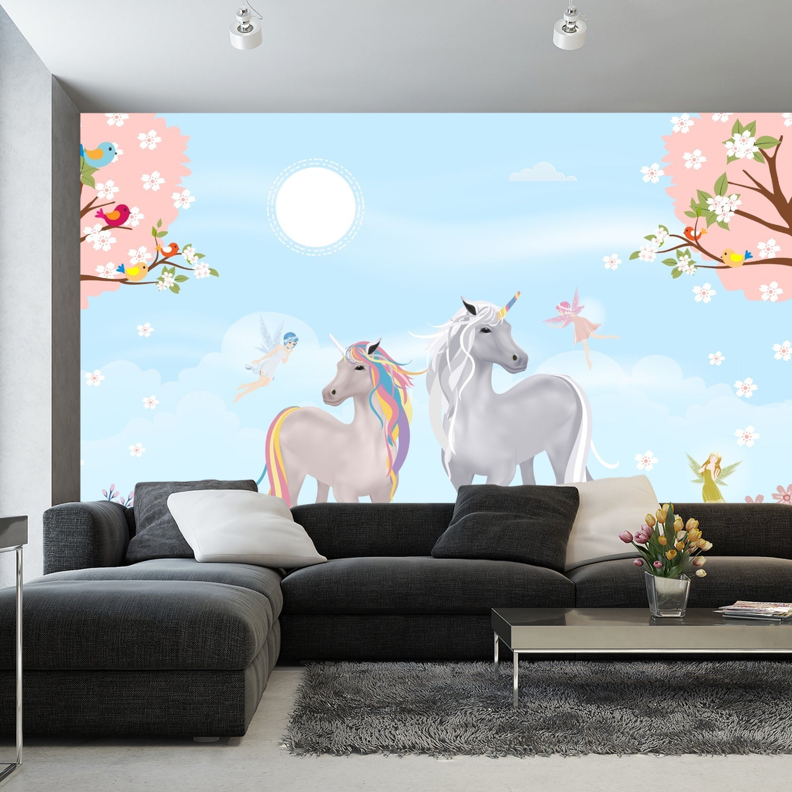 Fototapet Grå Enhjørninger På Eng