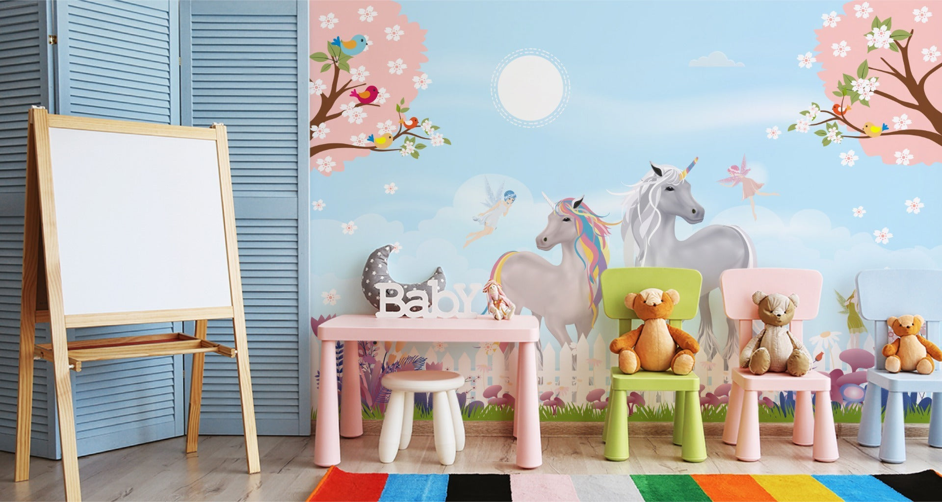 Fototapet Grå Enhjørninger På Eng