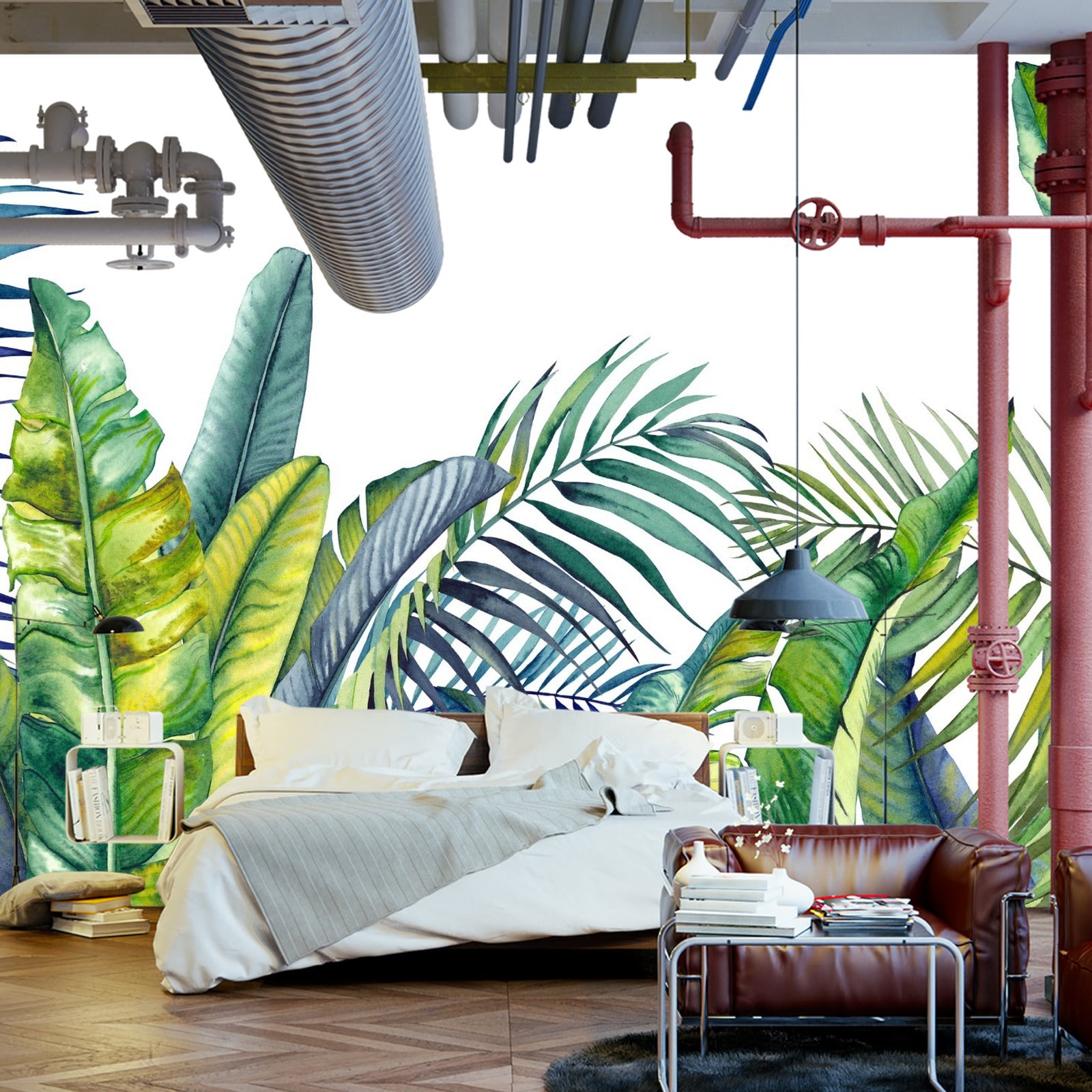 Fototapet Grønne Og Blå Tropiske Planter