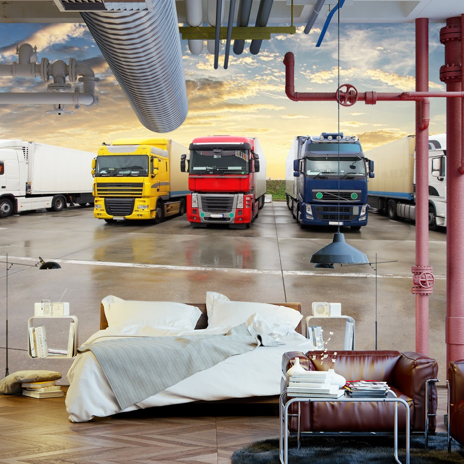 Fototapet Fargerike Lastebiler På Parkeringsplassen