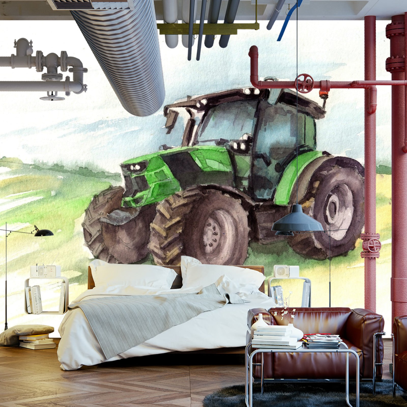 Fototapet Traktor Malt I Akvarell