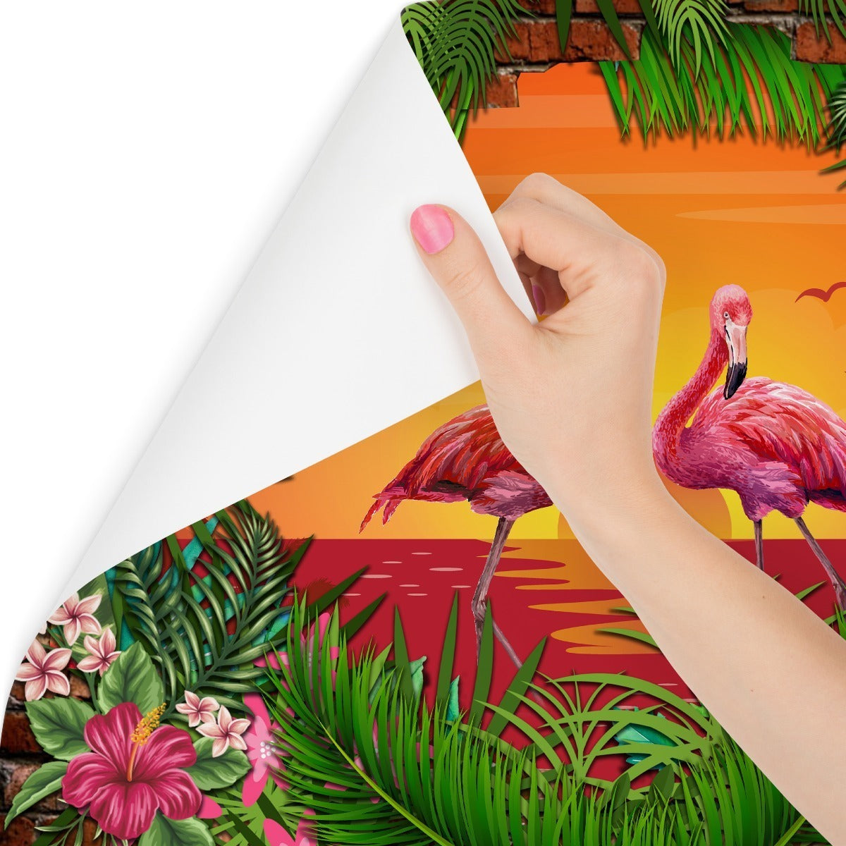 Fototapet Flamingoer Bak En Murvegg