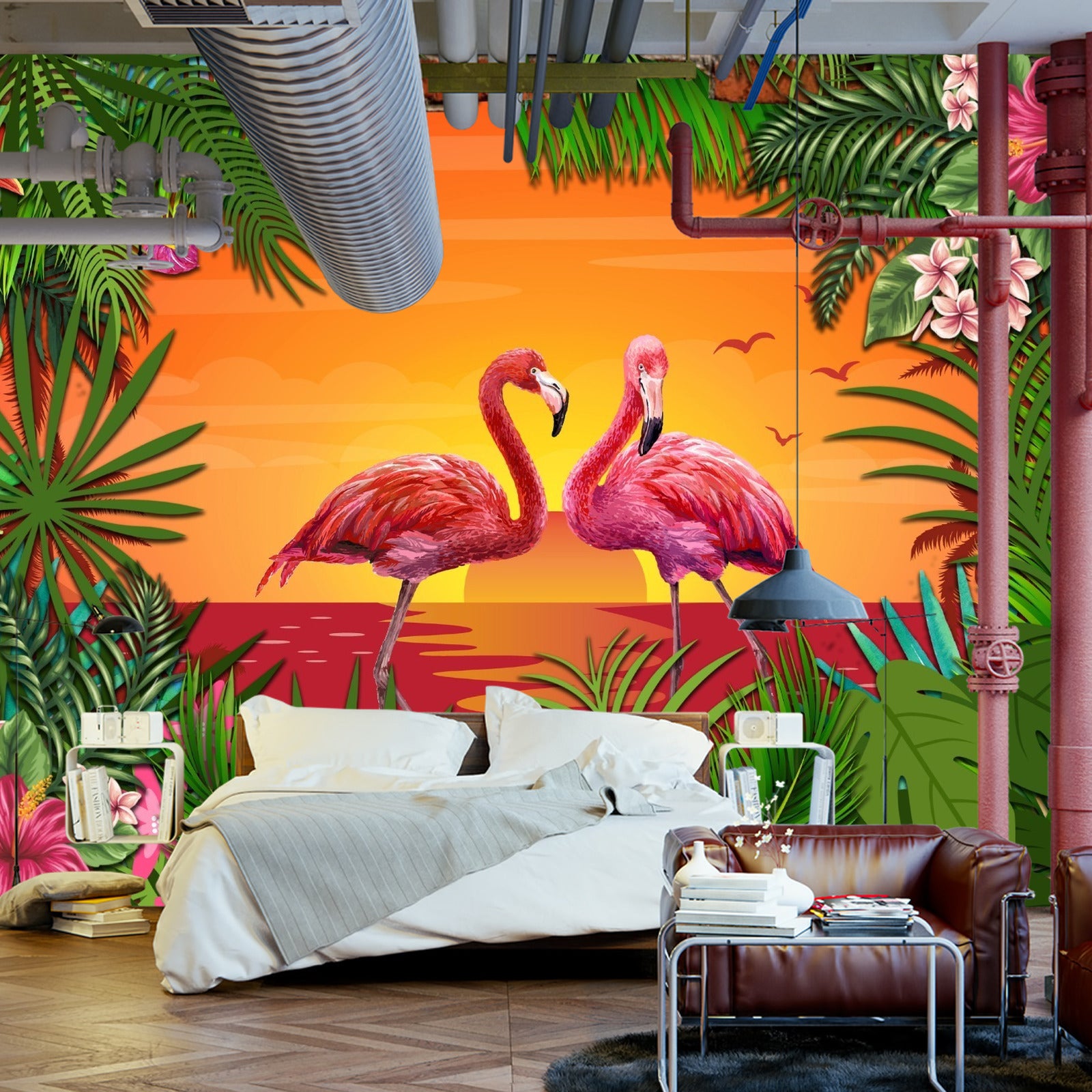 Fototapet Flamingoer Bak En Murvegg