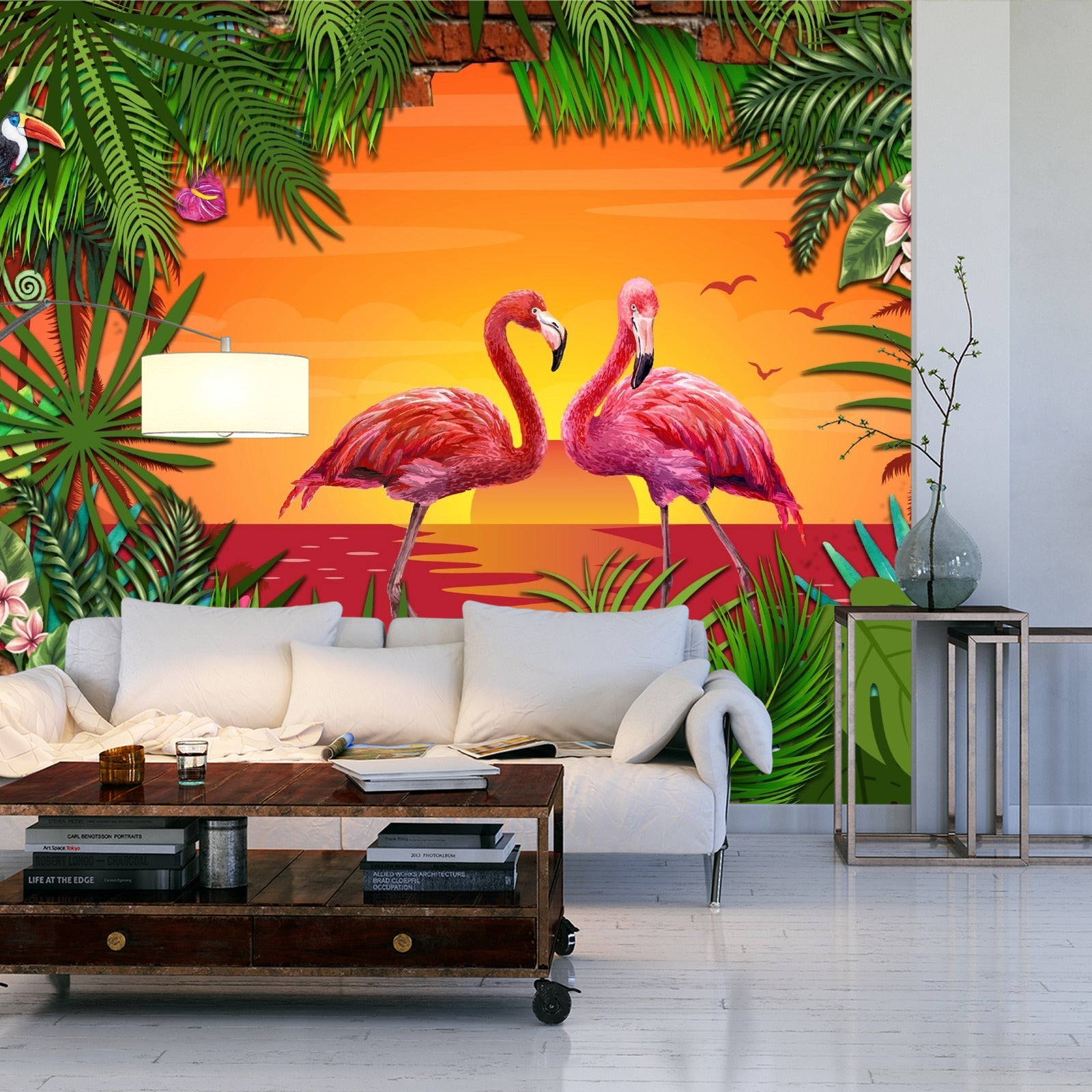 Fototapet Flamingoer Bak En Murvegg