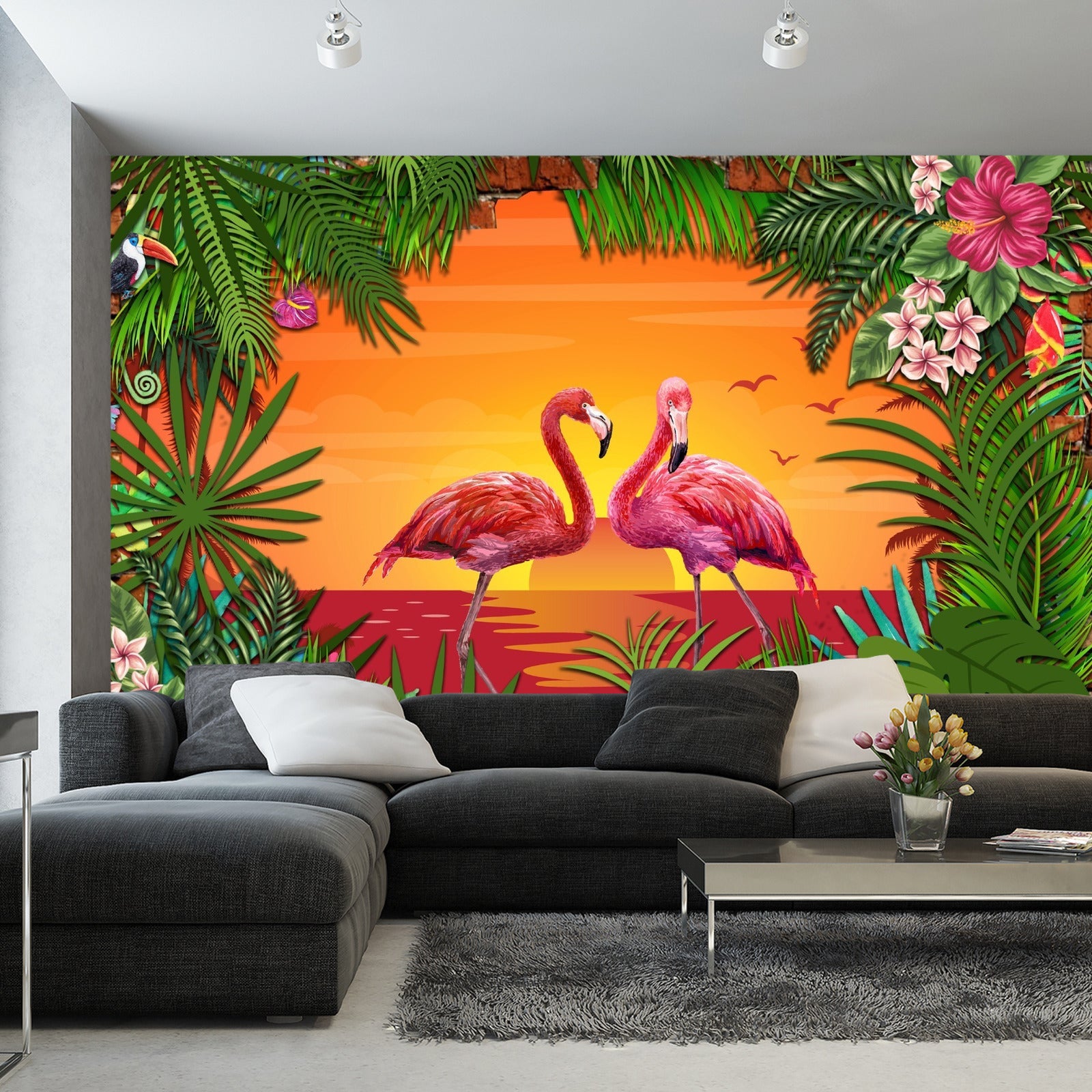 Fototapet Flamingoer Bak En Murvegg