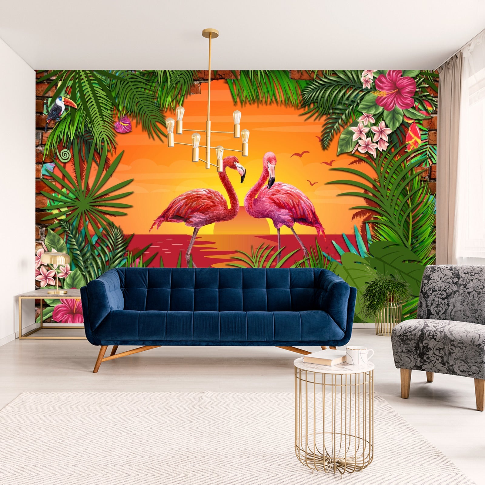 Fototapet Flamingoer Bak En Murvegg