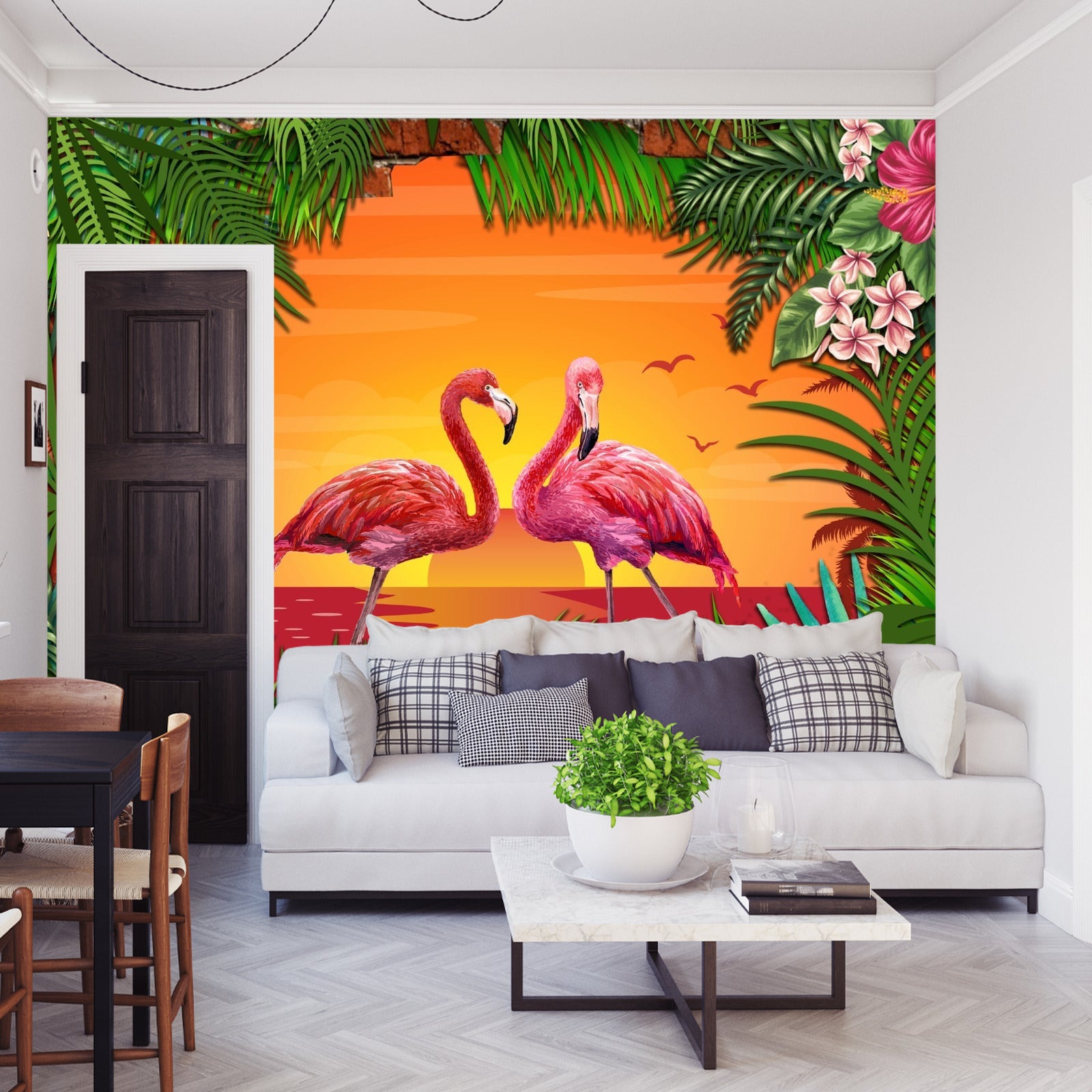 Fototapet Flamingoer Bak En Murvegg