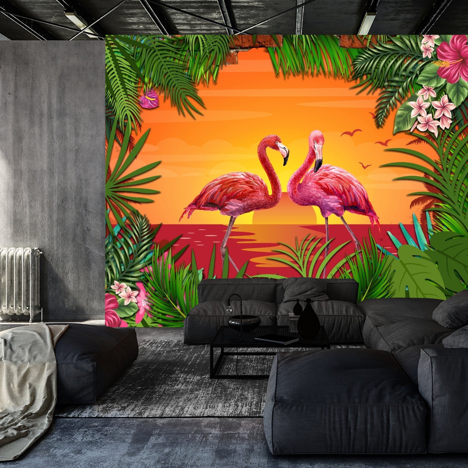 Fototapet Flamingoer Bak En Murvegg