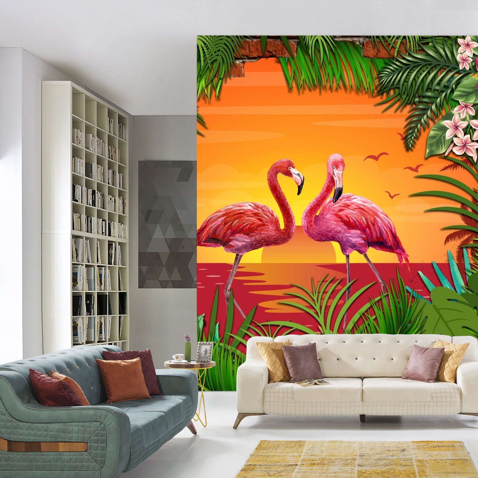 Fototapet Flamingoer Bak En Murvegg