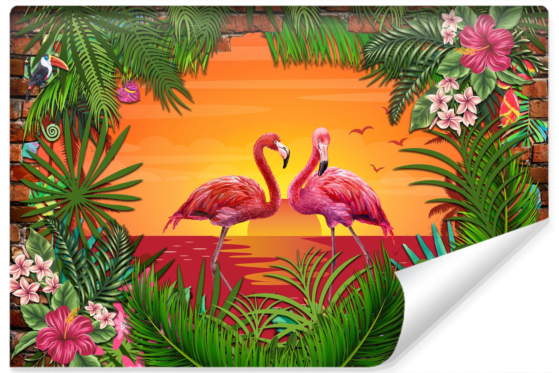 Fototapet Flamingoer Bak En Murvegg