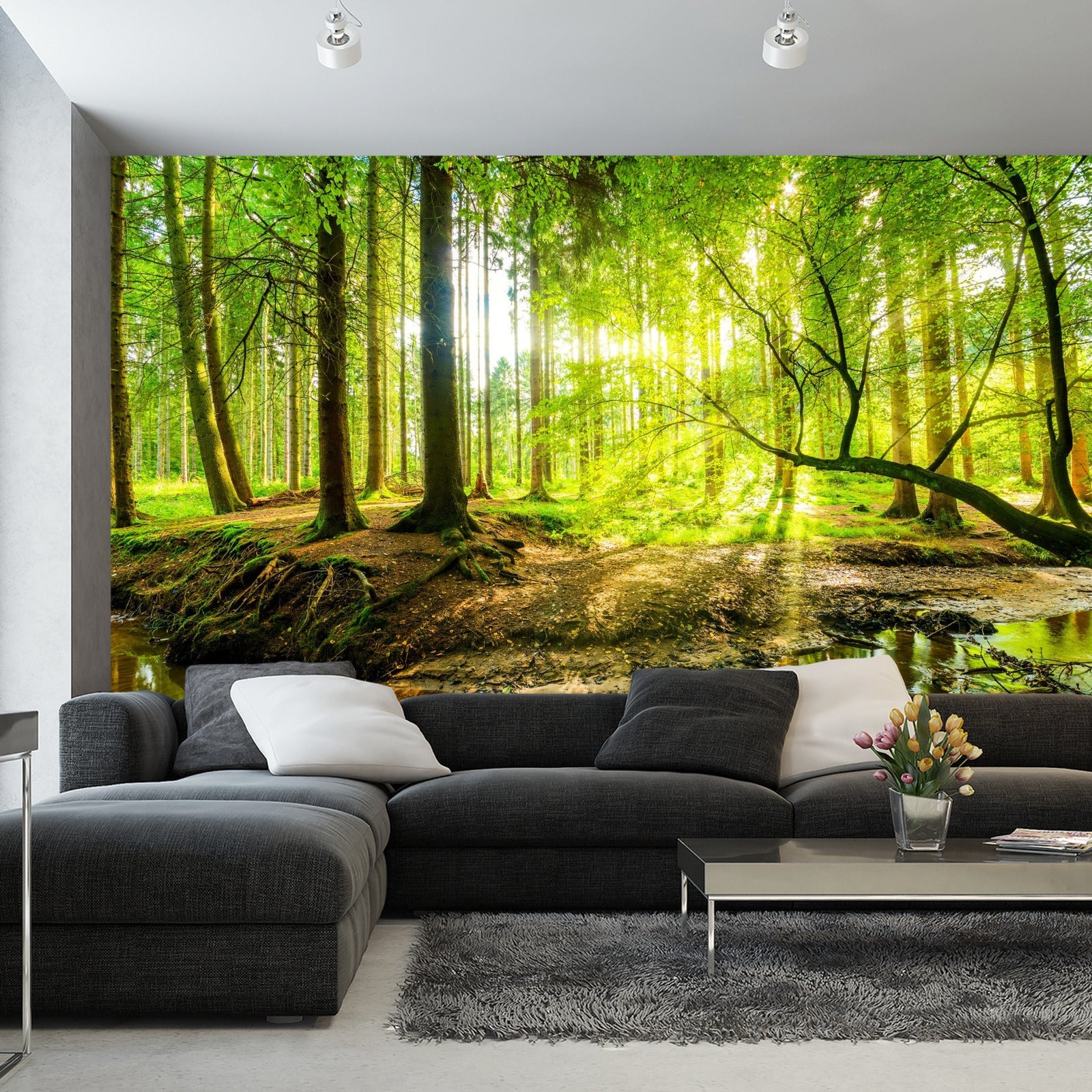 Fototapet Vakkert Skogslandskap Om Våren I 3D-Effekt