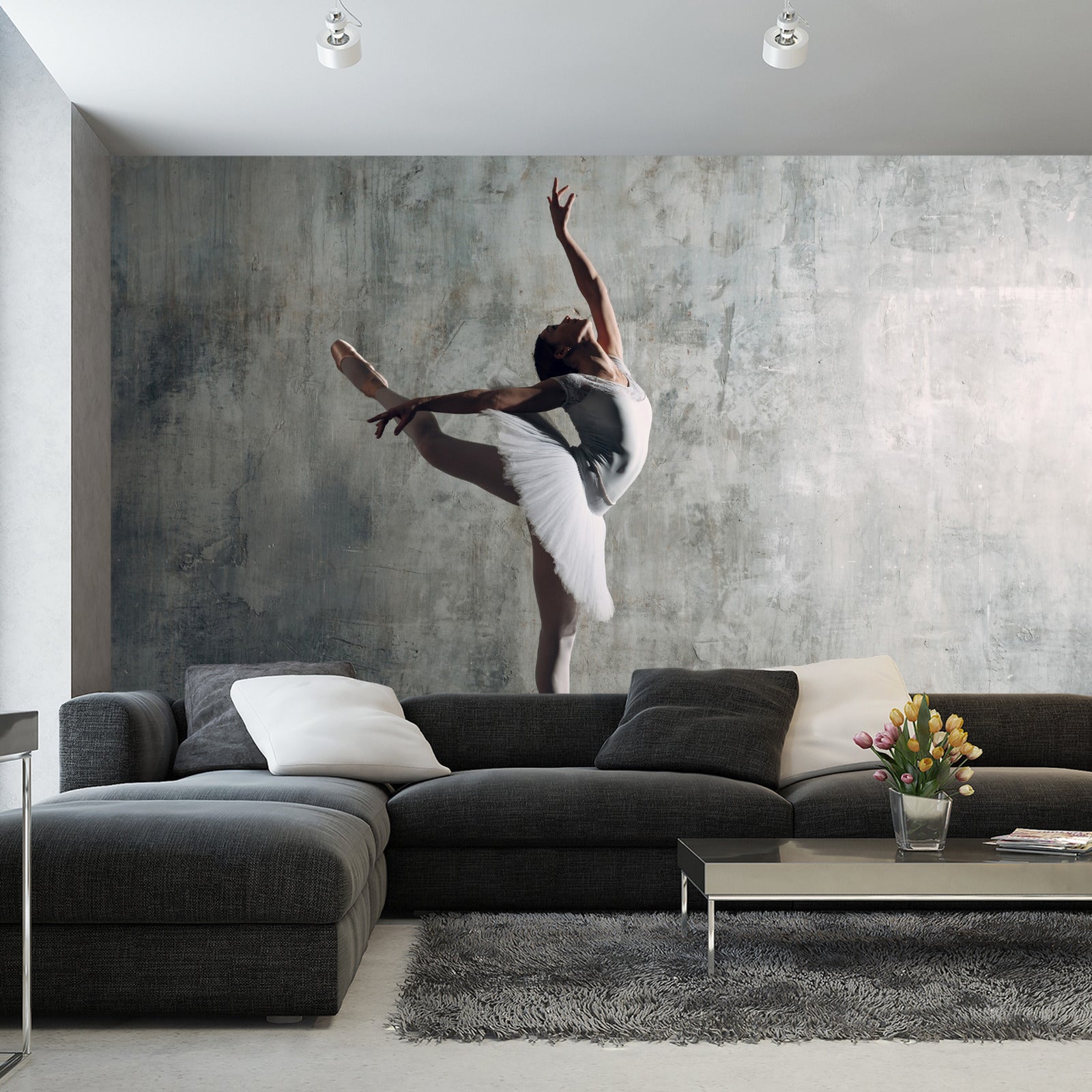 Fototapet Dansende Ballerina På En Betongvegg Bakgrunn