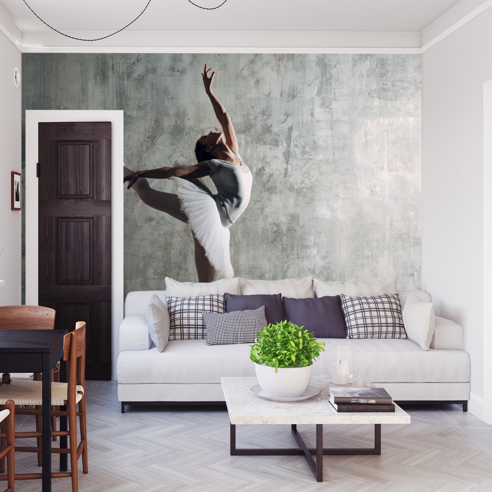 Fototapet Dansende Ballerina På En Betongvegg Bakgrunn