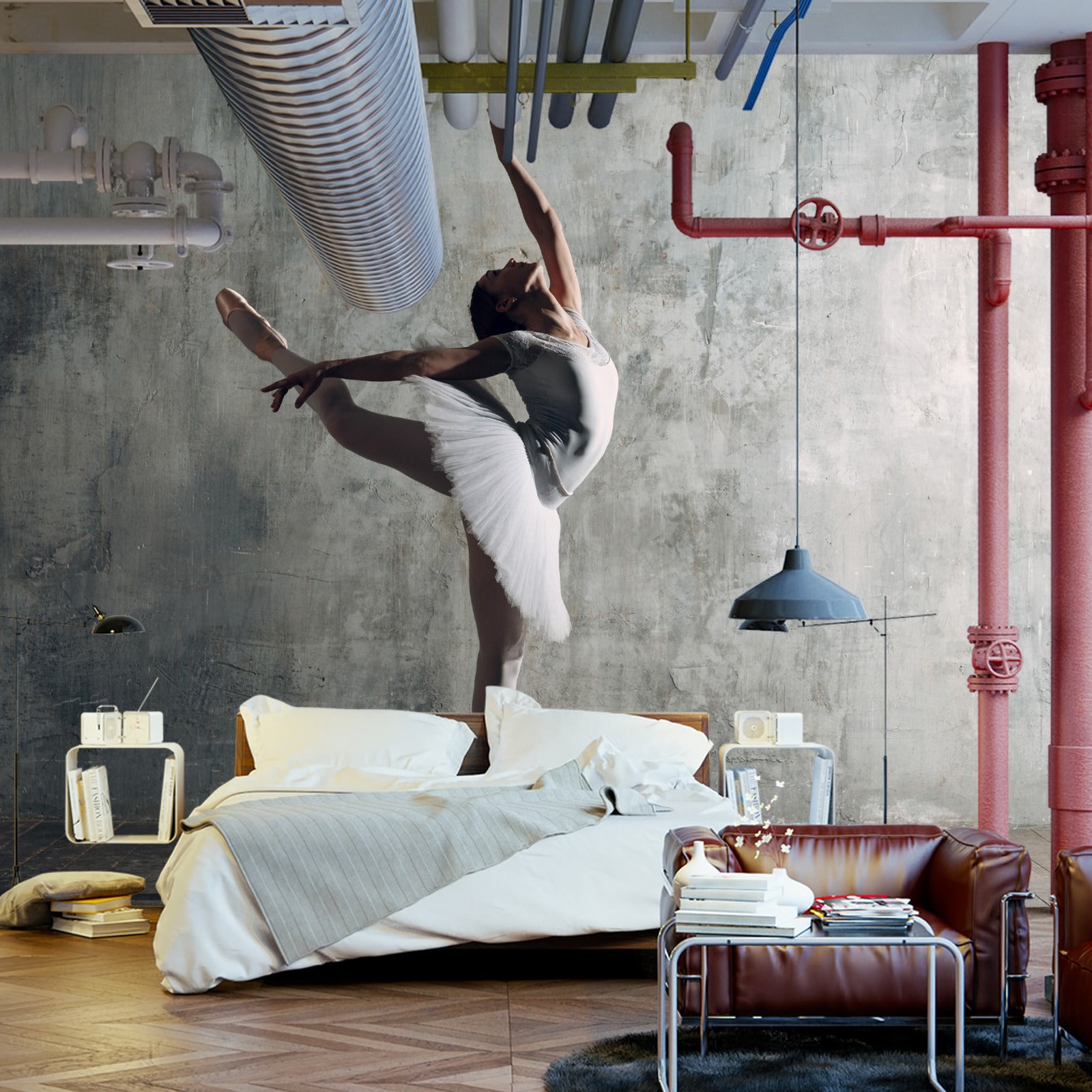 Fototapet Dansende Ballerina På En Betongvegg Bakgrunn