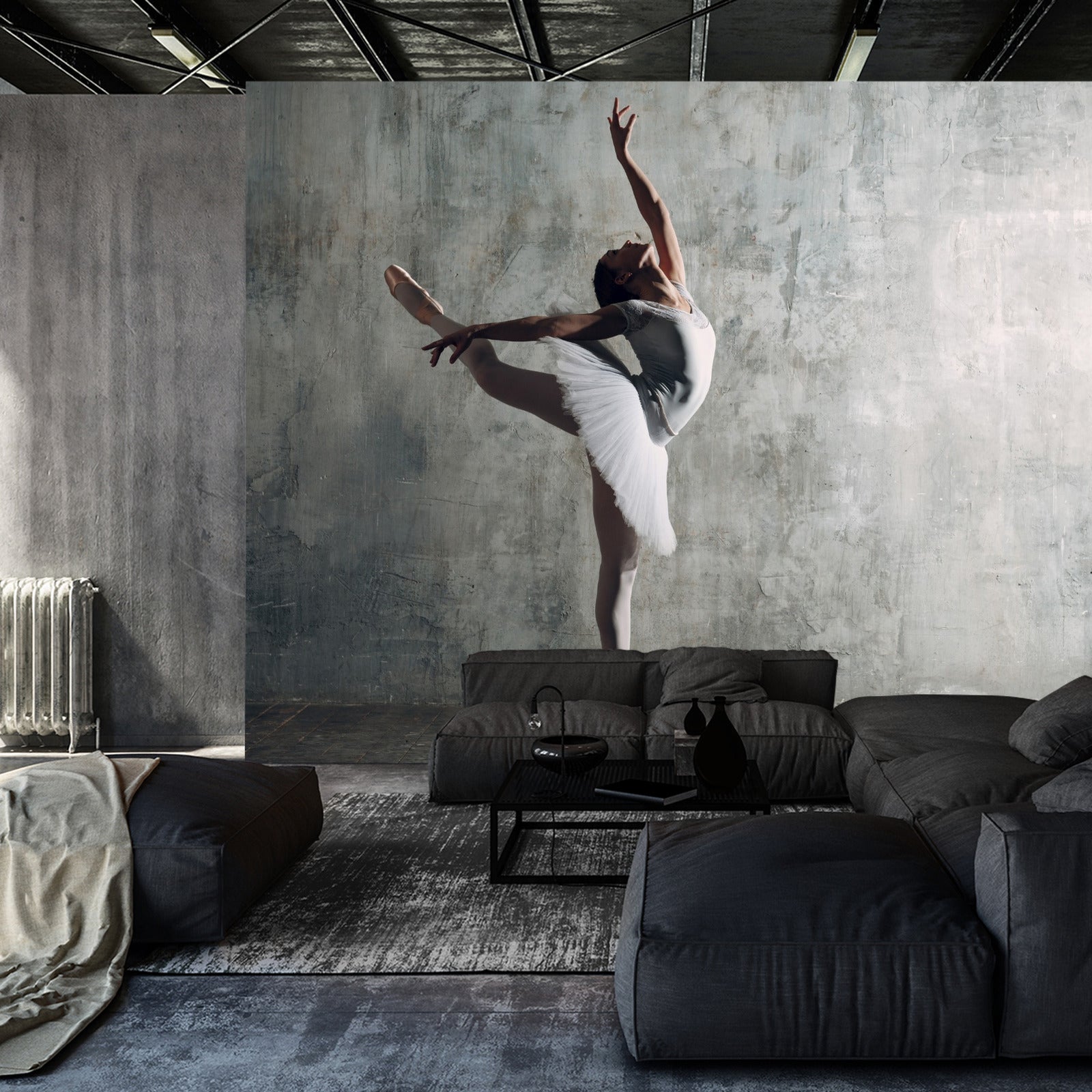 Fototapet Dansende Ballerina På En Betongvegg Bakgrunn